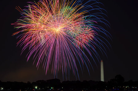 Fourth of July fireworks on the National Park tidal basin, with the Washington Monument in...