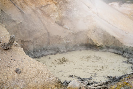 Close up of a bubbling mud pot in the Sulphur Works area of Lassen Volcanic National Park, a...