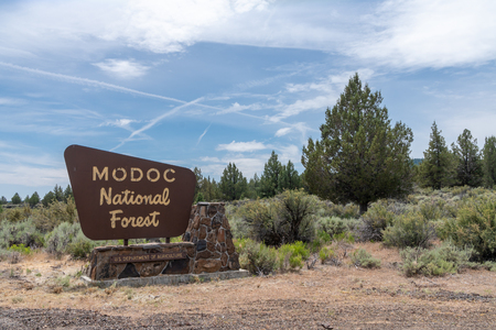 Modoc County, California - July 9, 2019: Sign for the Modoc National Forest, located in extreme Northern Californiaのeditorial素材