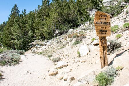 Bishop, California - July 5, 2018: Sign for the John Muir Wilderness in the Eastern Sierra Little Lakes Valley trail in Californiaの写真素材