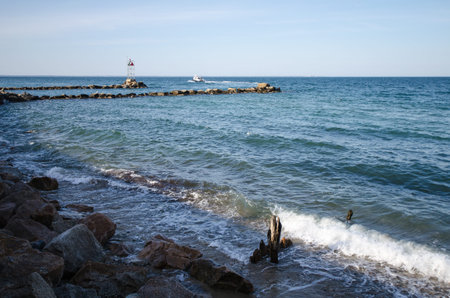 Rocks and breakwaters along the Atlantic ocean on the shore of Marthas Vineyard