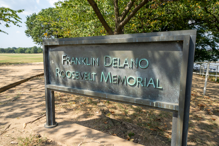 Washington, DC - August 6, 2019: Sign for the Franklin Delano Roosevelt Memorial near the Tidal Basin of Washington DCのeditorial素材
