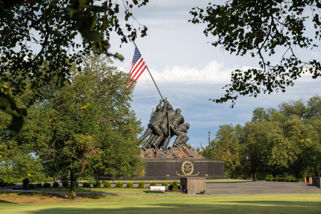 Arlington, Virginia - August 7, 2019: United States Marine Corp War memorial depicting flag planting on Iwo Jima in WWII (World War 2)のeditorial素材