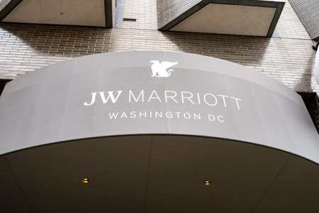 Washington, DC - August 5, 2019: Sign for the JW Marriott in downtown DC, a luxury hotelのeditorial素材