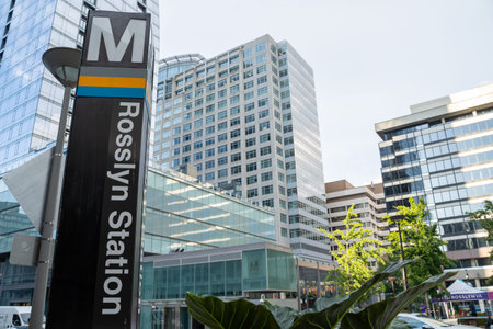 Arlington, Virginia - August 7, 2019: Sign for the Rosslyn Metro Station of the Washington DC Metro,...