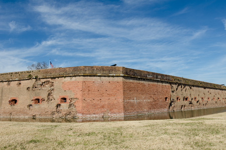 Bullet holes / cannon holes in the brick walls of Fort Pulaski National Monument in Georgia from the Civil Warのeditorial素材