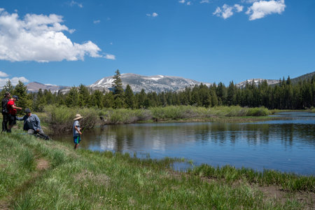 Yosemite National Park, CA - July 11, 2019: Family fishes in a small pond in Yosemite National Park, off of Tioga Pass on a sunny summer dayのeditorial素材