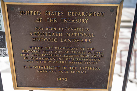 Washington, DC - August 4, 2019: Plaque noting the Registered National Historic Landmark of the United States Department of Treasuryのeditorial素材