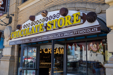 San Francisco, California - July 10, 2019: Exterior of the San Francisco Chocolate Store, selling specialty chocolate treats and dessertsのeditorial素材
