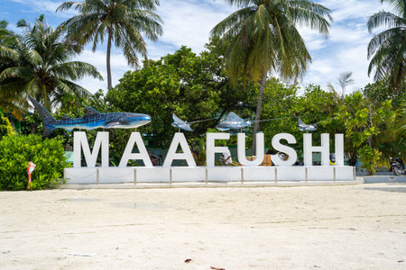 Maafushi Island, Maldives - November 26, 2019: Welcome sign for the island of Maafushi, a tourist...