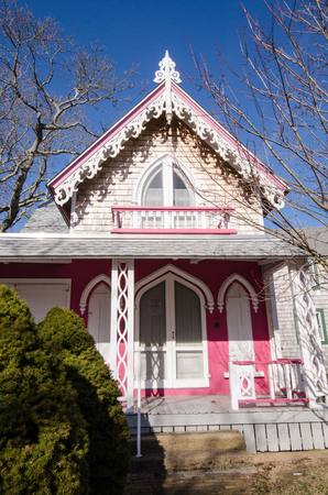 MARTHA'S VINEYARD, MA - April 5, 2018: Carpenter Gothic Cottages with Victorian style, gingerbread trim in the village of Oak Bluff in Cape Codのeditorial素材