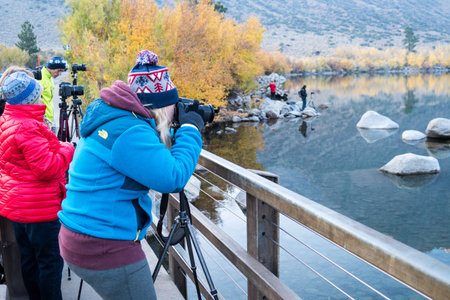 OCT 16 2017 - MAMMOTH LAKES, CA: A group of photographers setup their tripods to take long exposure sunrise photos at Convict Lake on a cold autumn morningのeditorial素材
