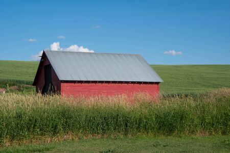 Old red barn in the middle of a field in the Palouse region of Eastern Washington Stateの写真素材