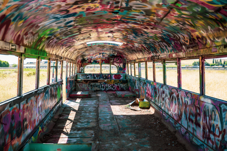 Interior of an old abandoned school bus known as That PNW Bus, located in Eastern Washington Stateのeditorial素材