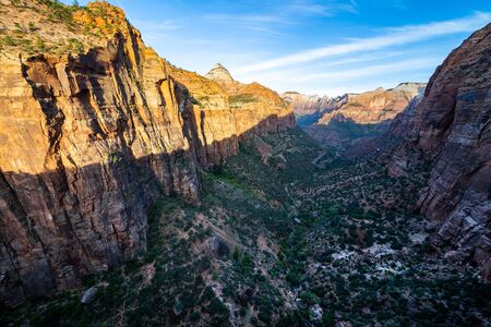 View from the Canyon Overlook trail in Zion National Park, with harsh morning shadows on a summer dayの写真素材