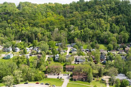 Aerial overhead view of a residential neighborhood in Red Wing Minnesota during the spring.の写真素材
