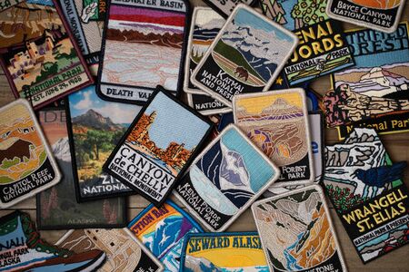 Feb 24, 2019 - Maple Grove, MN: Flatlay arrangement of various USA United States National Parks and monuments patches from gift shops. Concept for USA travelのeditorial素材