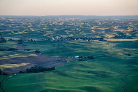 Beautiful sunset golden hour view of the Palouse as seen from Steptoe Butte State Park in Washington State USAの写真素材