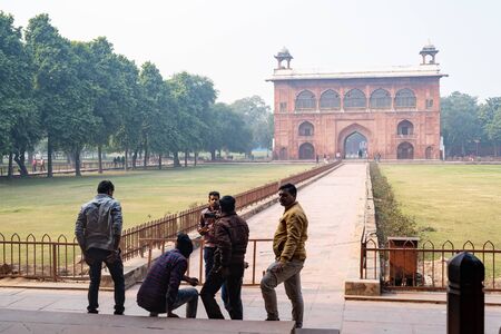 Delhi, India - January 4, 2020: Tourists enjoy buildngs inside the Red Fort complex in Delhi Indiaのeditorial素材