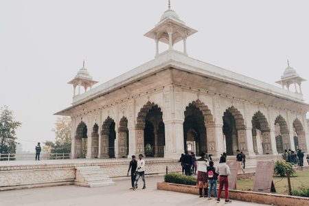 Delhi, India - January 4, 2020: Tourists enjoy the view of the ancient Khas Mahal inside the Red Fort complex in Delhi Indiaのeditorial素材