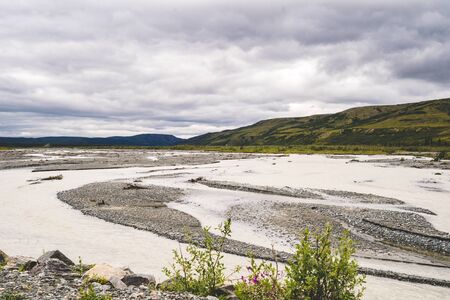 Phelan Creek in Alaska. Braided river with sandbars along the Richardson Highway. Delta River districtの写真素材