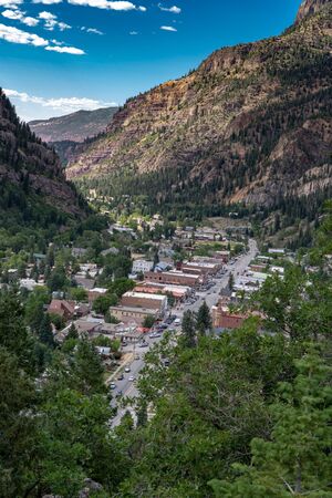 Aerial view of Ouray Colorao, along the Million Dollar Highway in the San Juan Mountainsの写真素材