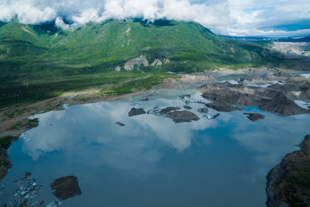 Aerial view of scenery in Alaska of Wrangell St Elias National Park