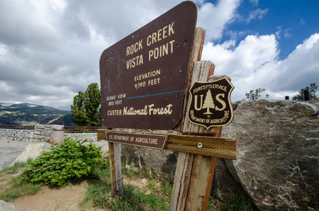 JULY 6 2018 - RED LODGE, MT: Rock Creek Vista Point sign in Custer National Forest along the...