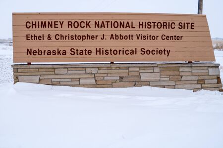 DECEMBER 31 2017 - BAYARD, NE: The Chimney Rock National Historic Site Visitors center during a winter snowstorm. Inside is a museum explaining the rock formation and its Oregon Trail historyのeditorial素材