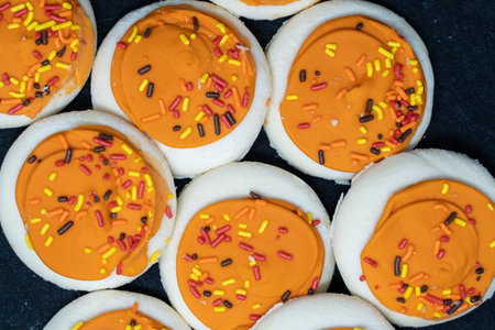 Autumn decorated sugar cookies with orange frosting. Macro. Fall themed sprinkles jimmies on the cookiesの写真素材