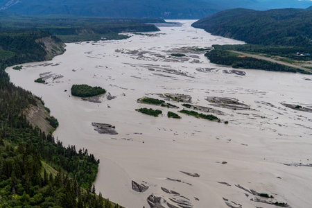 Aerial view of the Chitina River, a braided river in Wrangell-St. Elias National Park in Alaska on a...