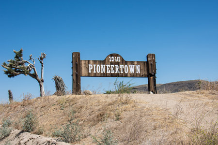 JULY 1 2017 - PIONEERTOWN, CALIFORNIA: Sign for Pioneertown, a community founded by Hollywood...