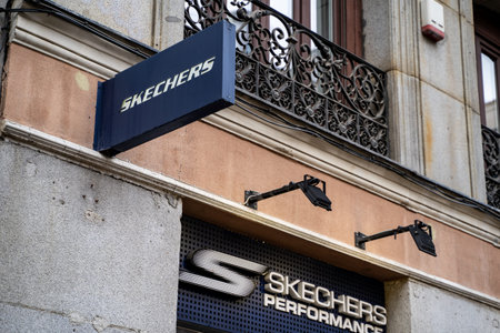 Madrid, Spain - January 25, 2020: Sign for Skechers shoes in downtown Madrid near Calle Gran Via
