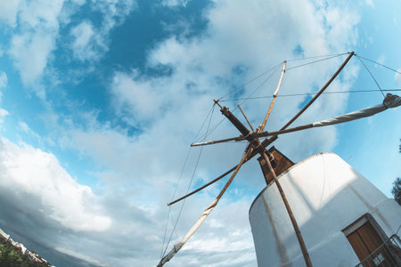 Windmill (moinho) in Albufeira Portugal, taken with a fish eye lens on a sunny day