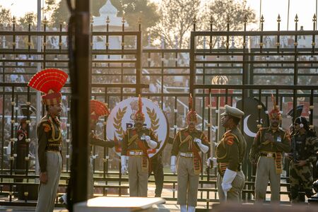 Amritsar, India - Febuary 8, 2020: Indian Border Security Force officially closes the Wagah Border Closing ceremony with Pakistan, for the eveningのeditorial素材