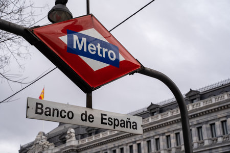 Madrid, Spain - January 25, 2020: Banco de Espana Metro Station entrance sign in downtown Madrid