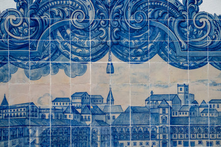 Lisbon, Portugal â January 17, 2020: Azulejos (blue tiles) representing the PraÃ§a do Comercio, Miradouro de Santa Luzia in the  Alfama districtのeditorial素材