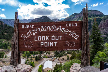 JULY 2 2018 - OURAY, COLORADO: Welcome sign for Ouray Colorado, located along the Million Dollar Highway in the San Juan National Forest. Claims to be Switzerland of Americaのeditorial素材
