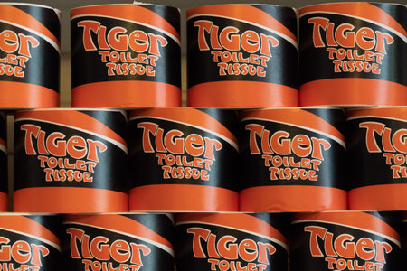 August 8 2018 - McCarthy, Alaska: Old brand of Tiger Toliet Tissue paper stacked nicely and...