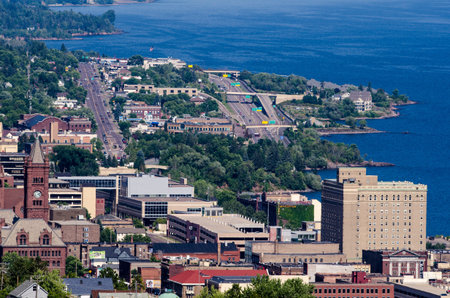 Hazy aerial view of Duluth Minnesota harbor on a sunny summer dayのeditorial素材