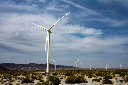 Wind turbines in the distance from a viewpoint off of Interstate 8 in the Coachella Valley of...