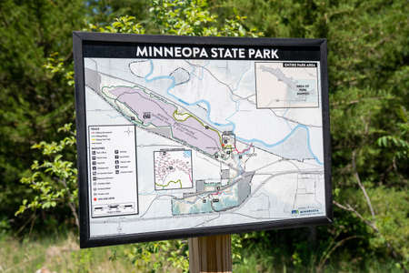 Mankato, Minnesota - June 5, 2020: Sign and map for Minneopa State Park in Southern Minnesota, showing campgrounds and hiking trailsのeditorial素材