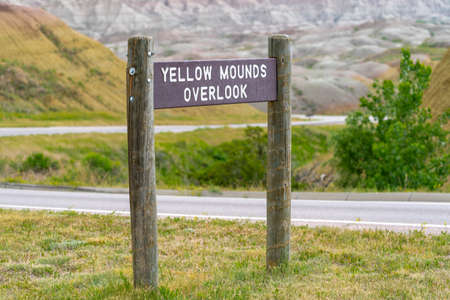 Sign for the Yellow Mounds Overlook, one of the most scenic views in Badlands National Park in South Dakotaの写真素材