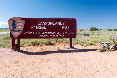 Moab, Utah - May 15 2018: Sign for Canyonlands National Park in Utah, a popular tourist destination for viewing a canyonのeditorial素材