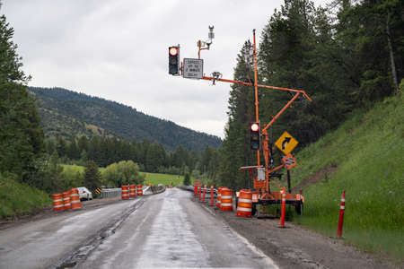 Hoback, Wyoming - June 25, 2020: One way traffic signal due to construction on Highway 89 in Wyomingのeditorial素材