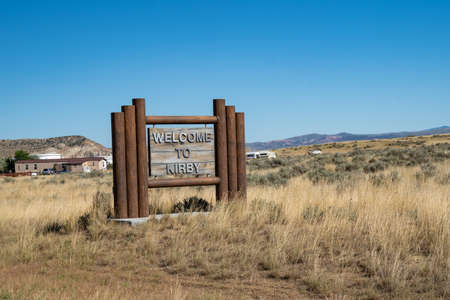Welcome to Kirby, Wyoming sign, a small rural town located in Hot Springs Countyの写真素材