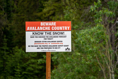 Teton Pass, Wyoming - June 25, 2020: Beware of Avalance Country warning sign for backcountry skiers...