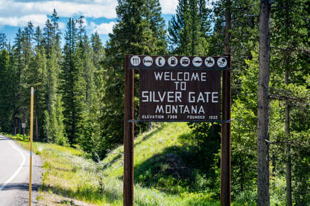 Silver Gate, Montana - July 2, 2020: Welcome to Silver Gate Montana sign, a small town on the famous Beartooth Highway mountain passのeditorial素材