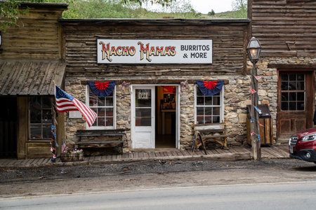 Virginia City, Montana - June 29, 2020: Sign for Nacho Mamas, a Mexican restaurant, in the old historic ghost town, established 1864のeditorial素材
