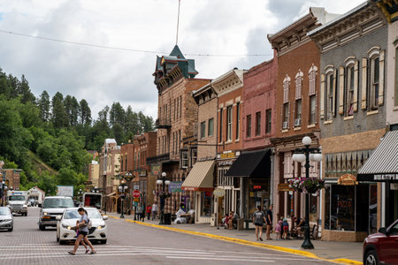 Deadwood, South Dakota - June 22, 2020: Main street in downtown Deadwood, a tourist town featuring gunslinging cowboys, casinos and shoppingのeditorial素材